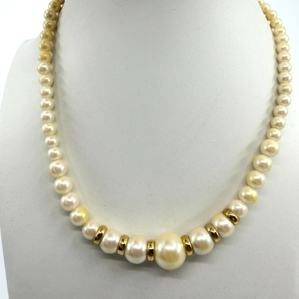 Classic Cream Faux Pearl Necklace with Gold-Tone Accents Statement Jewelry